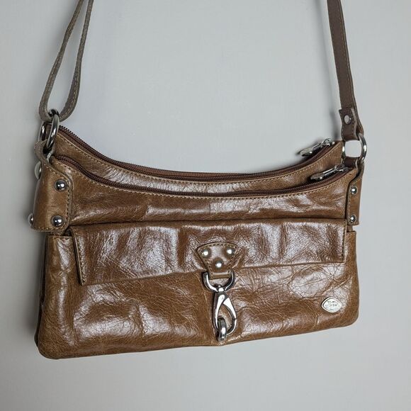 90s Leather Shoulder Bag, Shiny Light Brown Tan, The Trend Italy, Multiple Zippe - Picture 3 of 12